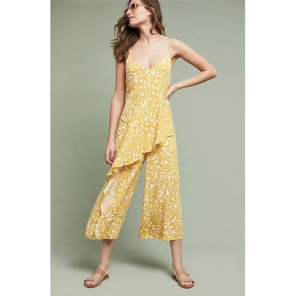Maeve Anthropologie Yellow White Abstract Ruffle Wide Leg Jumpsuit Size 12